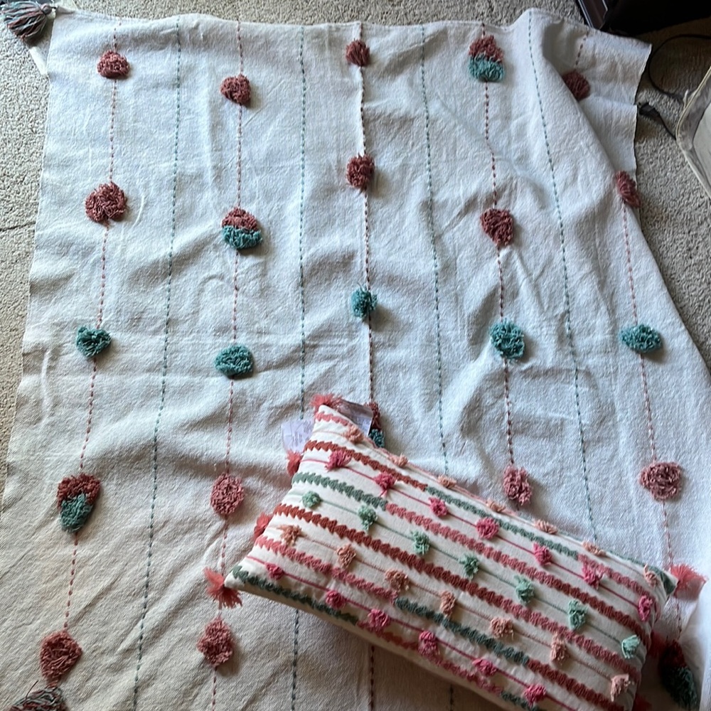 Light blue and light pink throw pillow and blanket. Perfect for a nursery